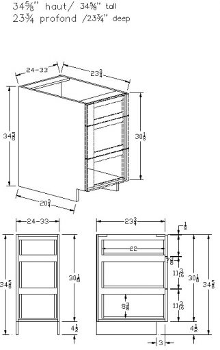 3DB - Bas 3 tiroirs - Bois shaker